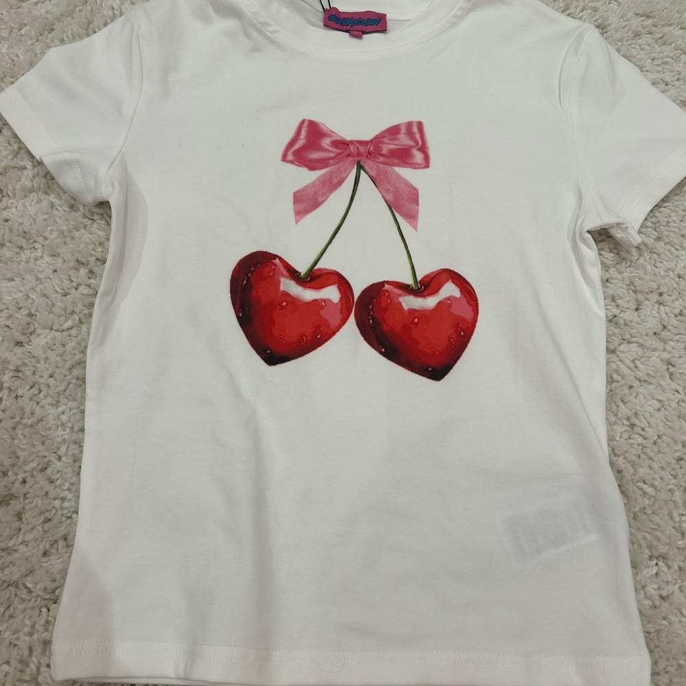 New with tags! Edikted White Tee with Red Cherry and Pink Bow